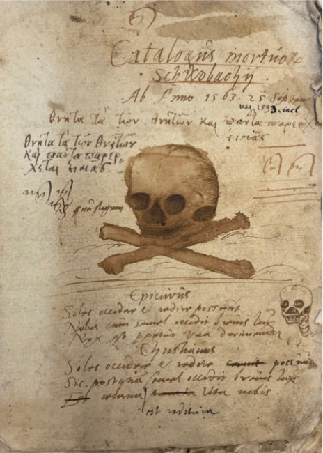Erste Seite aus einem der Schwabacher Totenbücher - Zeichnung eines Totenkopfes
