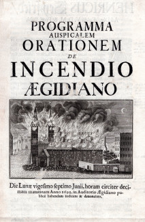 Druckschrift mit Programm einer Rede zum Brand der Egidienkirche von 1698