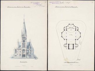 Ansichts- und Grundrissplan einer Kirche des protestantischen Kirchenbauvereins Altstadt-Bayreuth