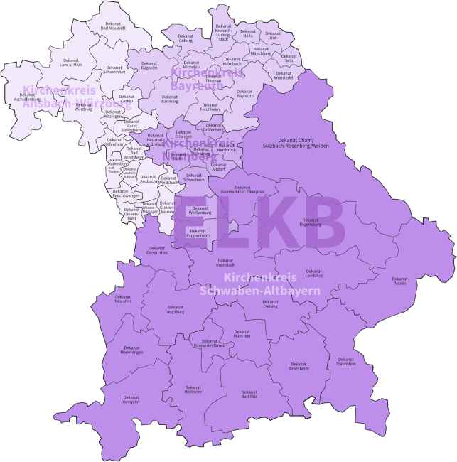 Karte der ELKB mit den vier Kirchenkreisen und den zugehörigen Dekanaten