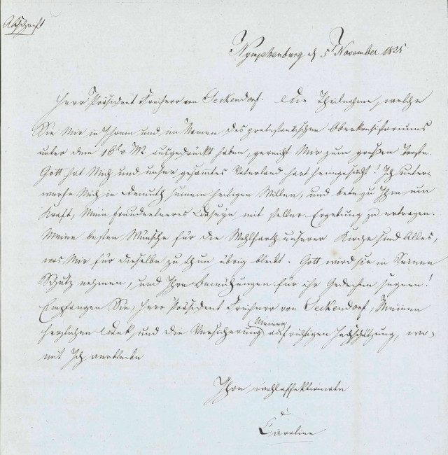 Schreiben von Caroline von Baden an den Freiherrn von Seckendorff