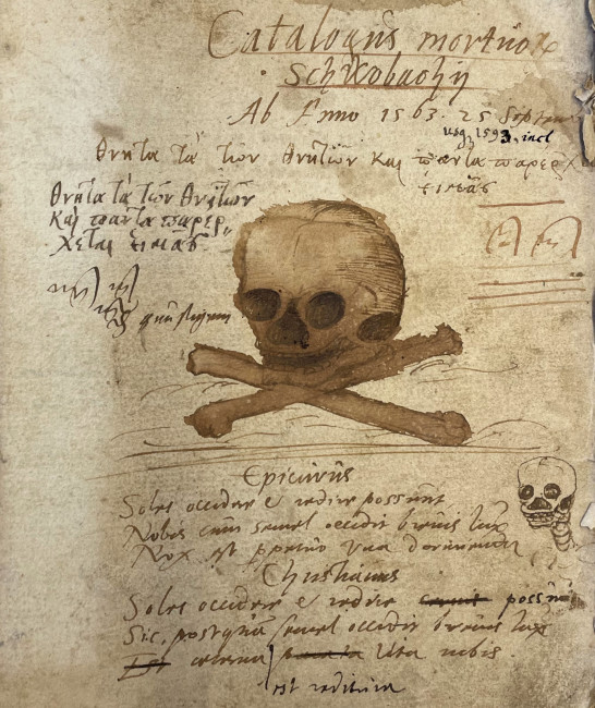 Erste Seite aus einem der Schwabacher Totenbücher - Zeichnung eines Totenkopfes