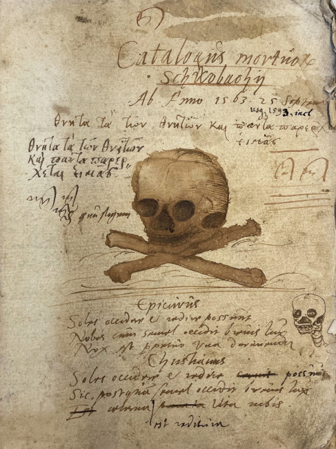Erste Seite aus einem der Schwabacher Totenbücher - Zeichnung eines Totenkopfes