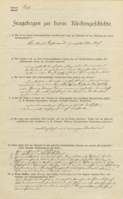 1. Seite des Fragebogens zur bayerischen Kirchengeschichte