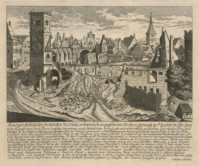 Grafik der Egidienkirche nach dem Brand 1696