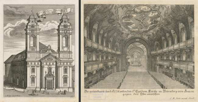 Grafiken der Außen- und Innenansicht des Neubaus der Egidienkirche