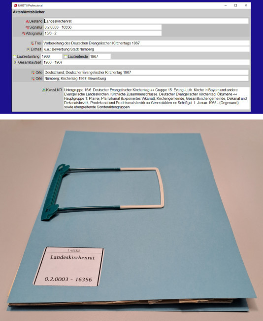 Oben: FAUST-Verzeichnungsmaske der Akte; Unten: Die Akte in säurefreier Mappe.