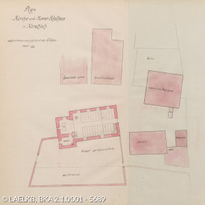 In der Pfarrbeschreibung von Hirschlach gezeichneter Lageplan der Pfarrgebäude von 1919
